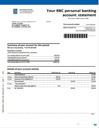 Download Canada Royal Bank of Canada account bank statement word